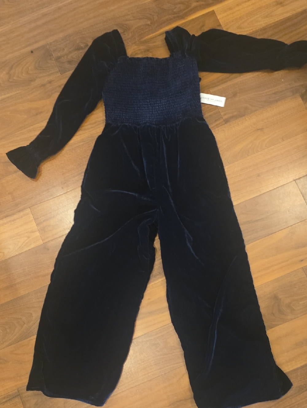 Janie and Jack Navy Velvet Smocked Jumpsuit with Puff Sleeves